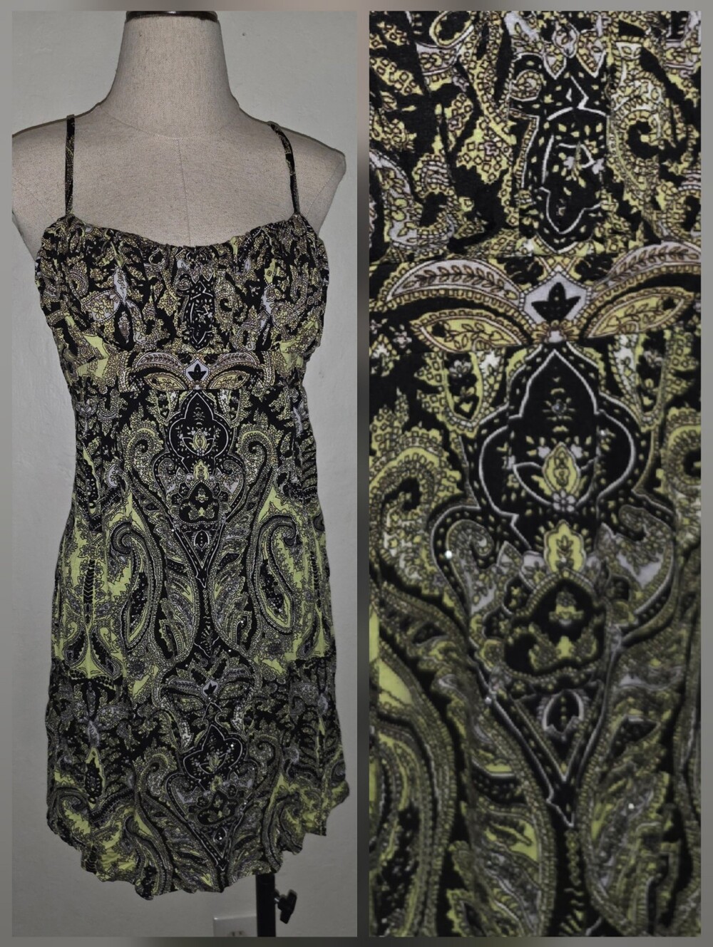 Vintage Y2K Studded Black Green Printed Tank Dress I.N.C.